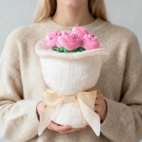 Phantoscope Valentine Pillows, Handcrafted Plush Rose Bouquet Shaped Pillow Valentines Day Decorations Throw Pillow for Home Living Room Sofa Couch, Off White, 10.5 X 10 Inches