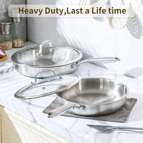 DELARLO Kitchen Whole Body Tri-Ply Stainless Steel Frying Pan, 12 inch,Stainless Steel, Oven safe induction skillet, Pots and Pans set,Suitable for All Stove