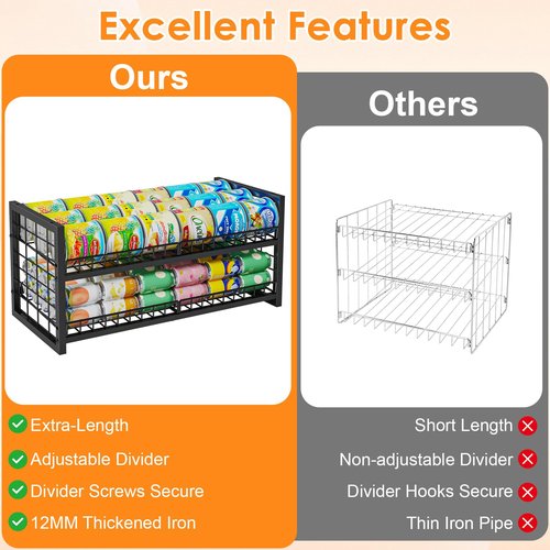JKsmart 2-Tier Stackable Can Organizer, Extra-Long Can Rack for Pantry Storage, Adjustable Can Dispenser Holds Up to 64 Cans, Super Sturdy Holders for Various Canned Food Snacks Soda