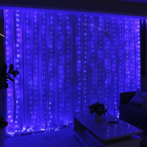 HXWEIYE 300LED Fairy Curtain Lights - 9.8x9.8Ft USB Plug-In with Remote | 8 Modes for Indoor Decor, Blue