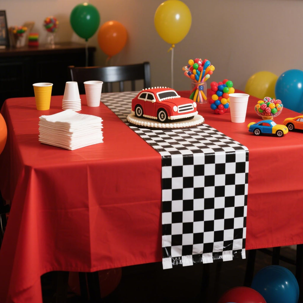 Plastic Checkered Table Runner, 14" x 108" Black & White Checkered Table Cloths, 6 Pcs Racetrack Road Table Runner for Birthday Racing Theme Party