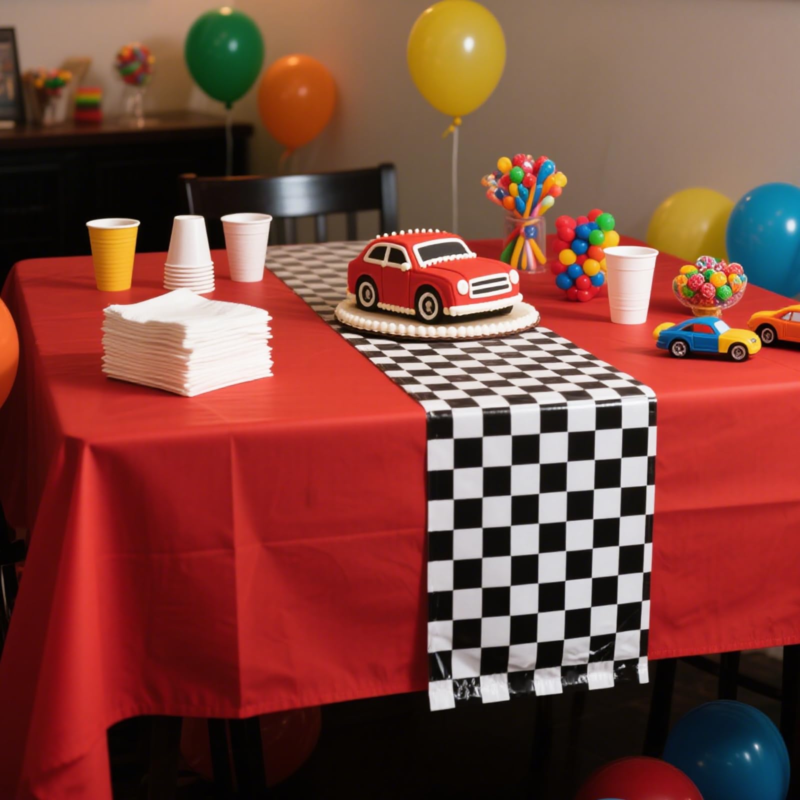 Plastic Checkered Table Runner, 14" x 108" Black & White Checkered Table Cloths, 6 Pcs Racetrack Road Table Runner for Birthday Racing Theme Party