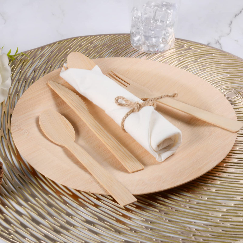 Pre Rolled Napkin and Bamboo Cutlery Set - 50Pack Bamboo Utensils/Compostable Cutlery(50 Forks, 50 Knives, 50 Spoons, 50 Napkins), Biodegradable Wrapped Cutlery for Party, Wedding, Events