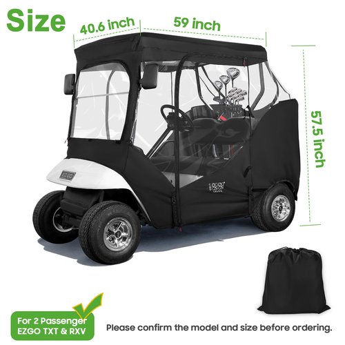 10L0L Golf Cart Black Enclosure Cover for 2 Passenger EZGO TXT, 4-Sided Clear Window Rain Cover All Weather Waterproof Windproof