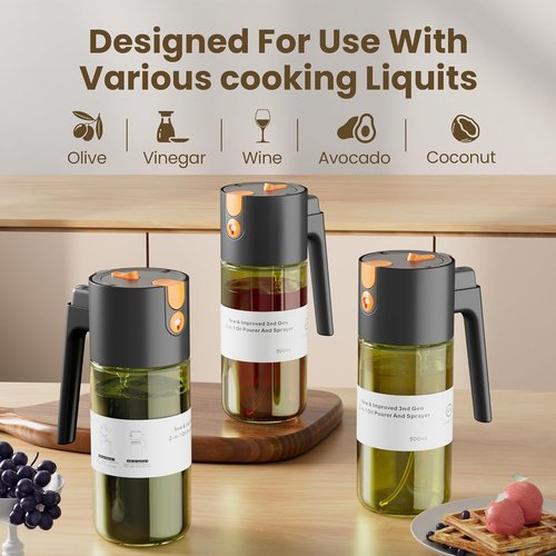 LAKUMIQI Oil Sprayer - 2 in 1 Cooking Dispenser with 17oz Light-Blocking Glass Bottle & Stickers