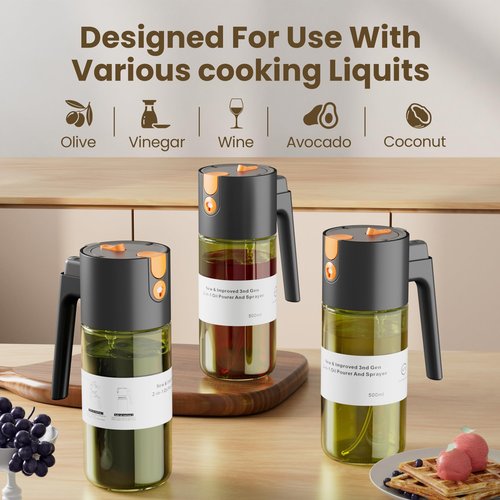 2026 Upgrade 2 in 1 Oil Sprayer for Cooking, 17oz Olive Oil Dispenser Bottle for Kitchen Gadgets with Stickers, Large Advanced Food Grade Light-Blocking Glass Spray Bottle for Salad, Air Fryer, BBQ