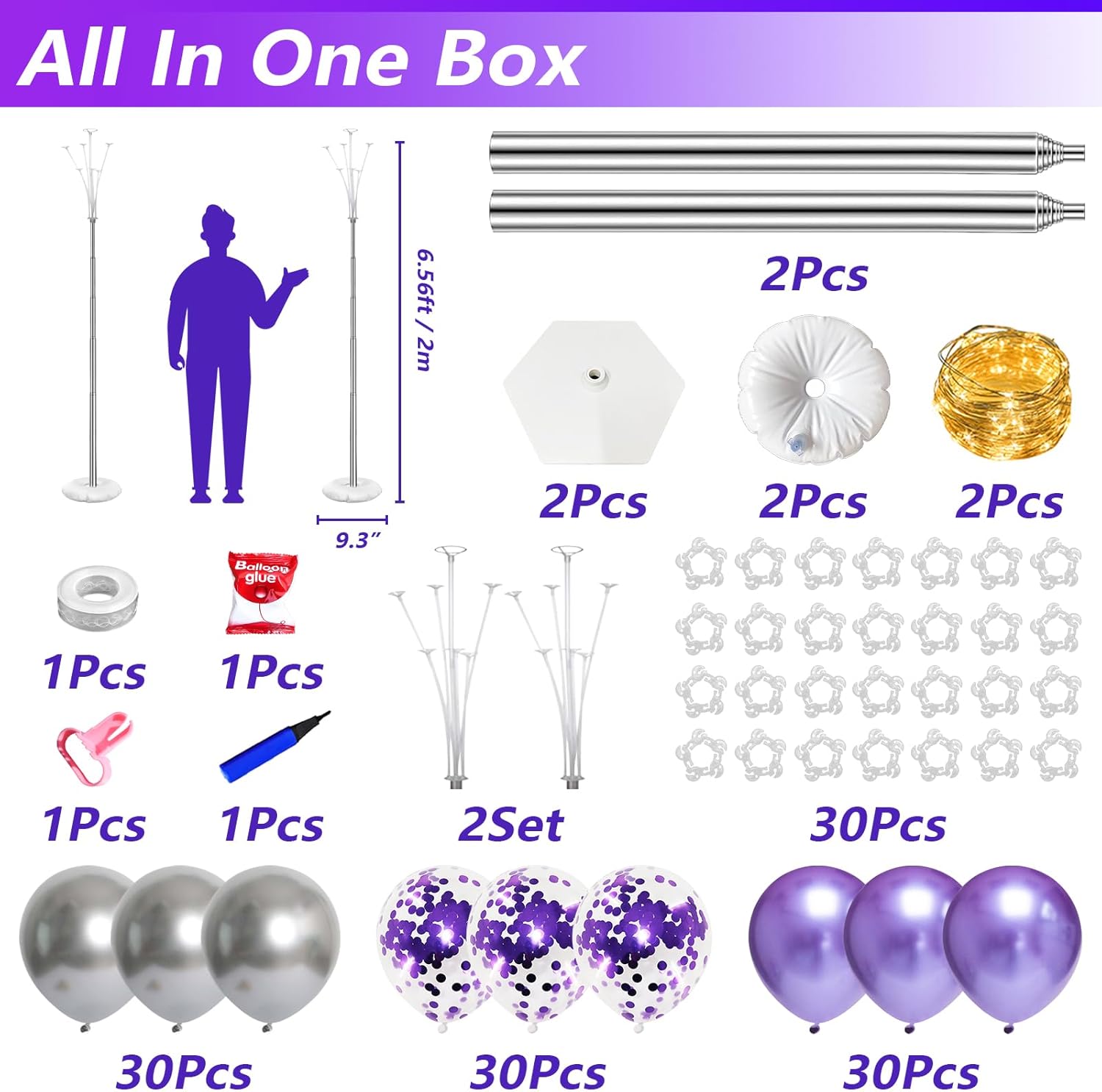 Skiennix Balloon Column Stand Kit - Adjustable 7 Feet Height with Balloons & String Lights | Purple Party Decor