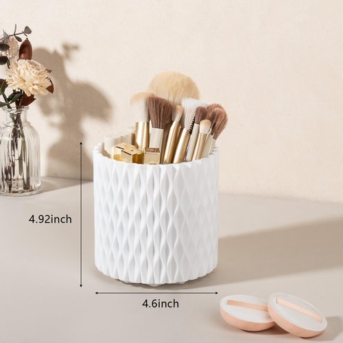 Anyoifax Makeup Brush Holder Organizer 360°Rotating Make Up Brushes Container for Vanity, Spinning Cosmetics Storage Cup, Ripple White