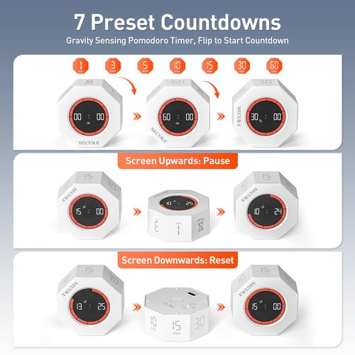 Secura Pomodoro Timer, Rotating Cube Time Tracker, Flip Gravity Sensor with 7 Presets, Visual Progress Bar for ADHD, Kids, Tasks, Work, Study (White)