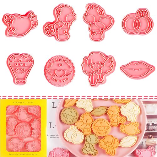 BESEK Valentine's Day Cookie Cutters: With Plunger Stamps Set, 8pcs 3D Embossing Cutters For Biscuit Fondant Cheese Baking Molds