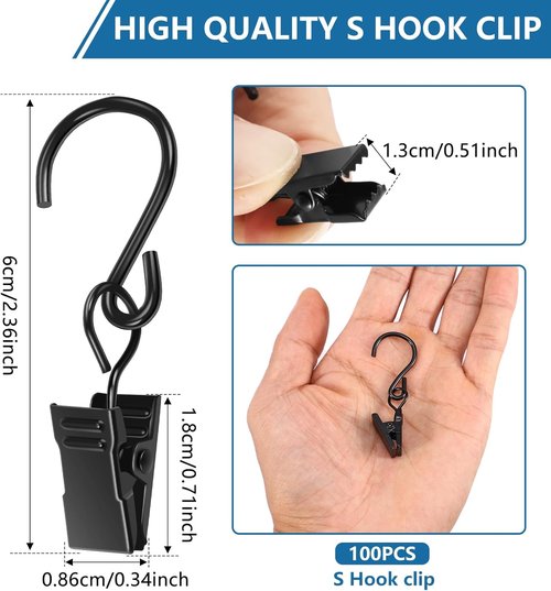 Heavy Duty S Hooks by 100-Pack | 2.36 Inch Metal Clips for Outdoor Lighting & Decor - Rust-Proof Black