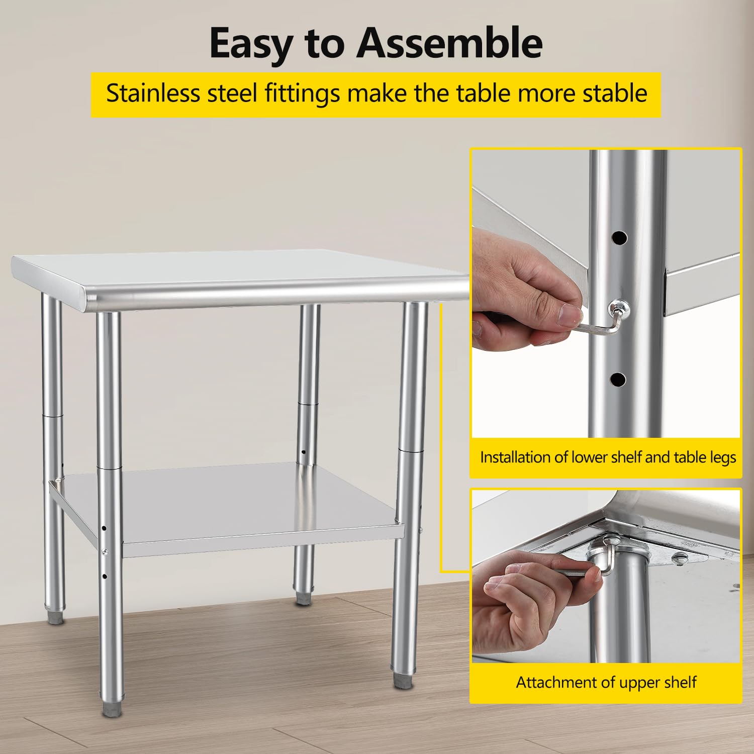 GarveeTech Stainless Steel Food Prep Table, 24 x 30 in NSF Commercial Kitchen Metal Table with Adjustable Lower Shelf and Plastic Feet, Steel Work Prep Table for Restaurant Home Hotel