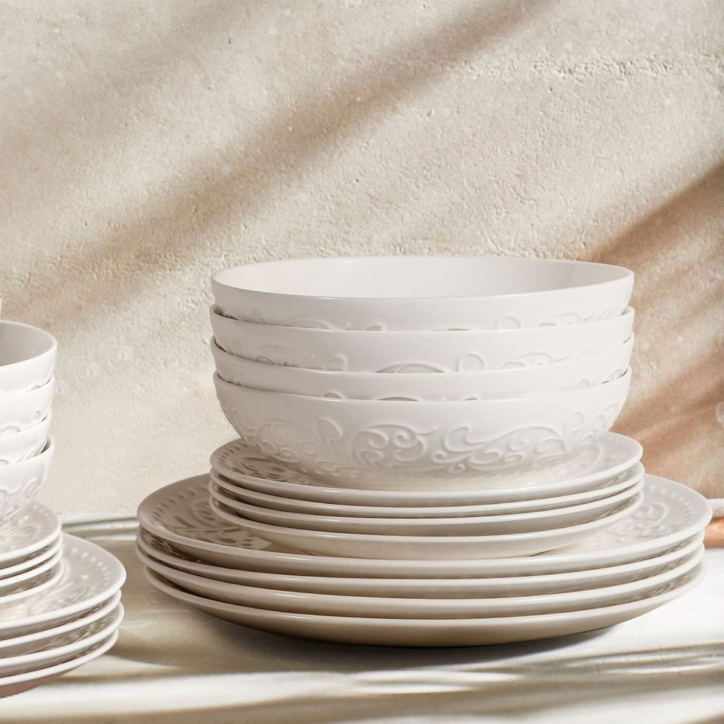 Artena Ceramic Pasta Bowls - 32oz Large Salad Bowls Set of 4 | White Embossed, Microwave & Dishwasher Safe
