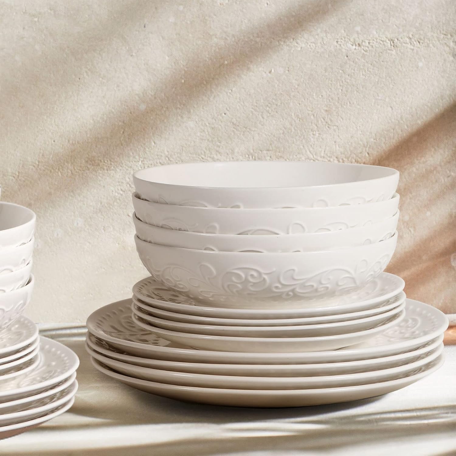 Artena Ceramic Pasta Bowls - 32oz Large Salad Bowls Set of 4 | White Embossed, Microwave & Dishwasher Safe