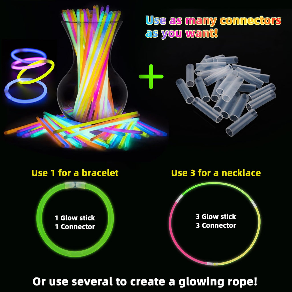HONLYNE 200 Pcs Glow Sticks Bulk Party Pack, 8'' Glow in the Dark Party Supplies, Glow in the Dark Light Up Sticks with Connectors, Party Favors for Birthday, Concert, Raves, Halloween, Christmas