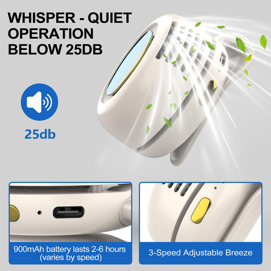 TFQXA1Z Portable Silent Clip On Bladeless Fan, Rechargeable Wearable Fan - Hands-Free Waist & Neck Cooling, 3 Speeds, 6H Runtime, USB-C Fast Charge (White)