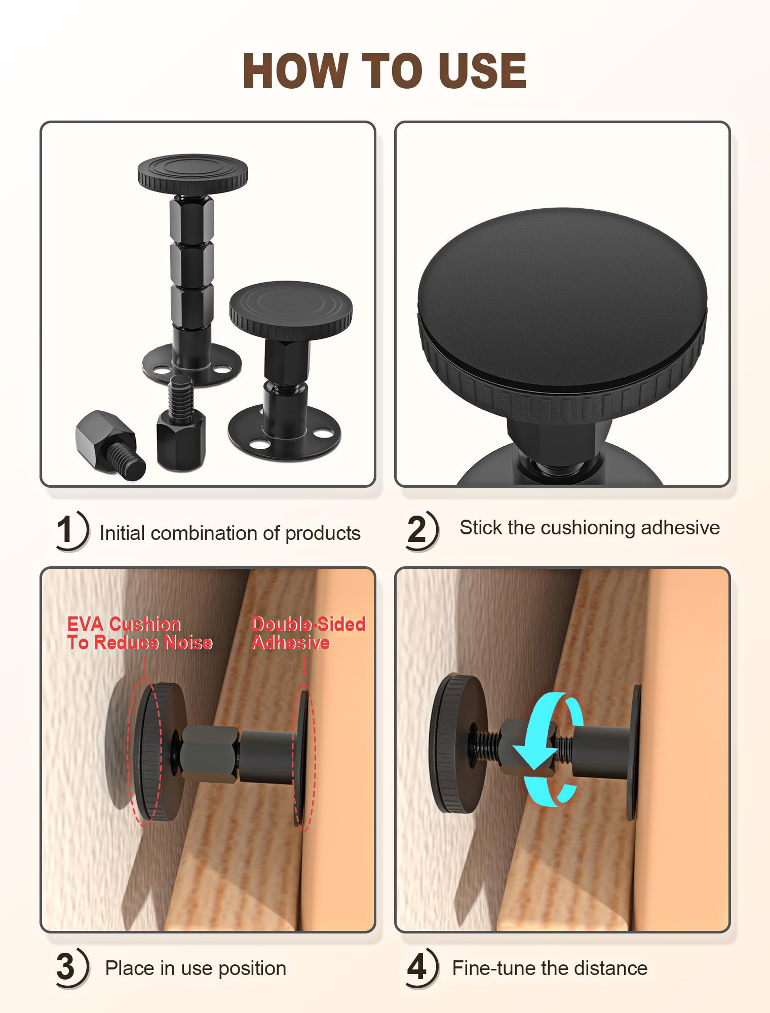 4PCS Adjustable Threaded Bed Frame Anti-Shake Tool, Upgraded Headboard stoppers with Free Furniture Pads, Easy Installation Bedside Anti-Shake Tool for Headboards, Cabinets and Sofas, 1.18-4.13in