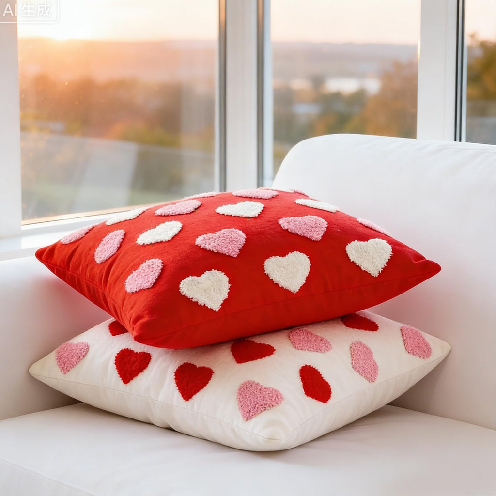 Valentine‘s Day Throw Pillow Covers Set of 2, 18x18 Inch (45x45cm) - White & Red Love Heart Embroidery Decorative Cushion Covers for Couch Sofa Bedroom, Valentine’s Gift for Her, Couples, Anniversary