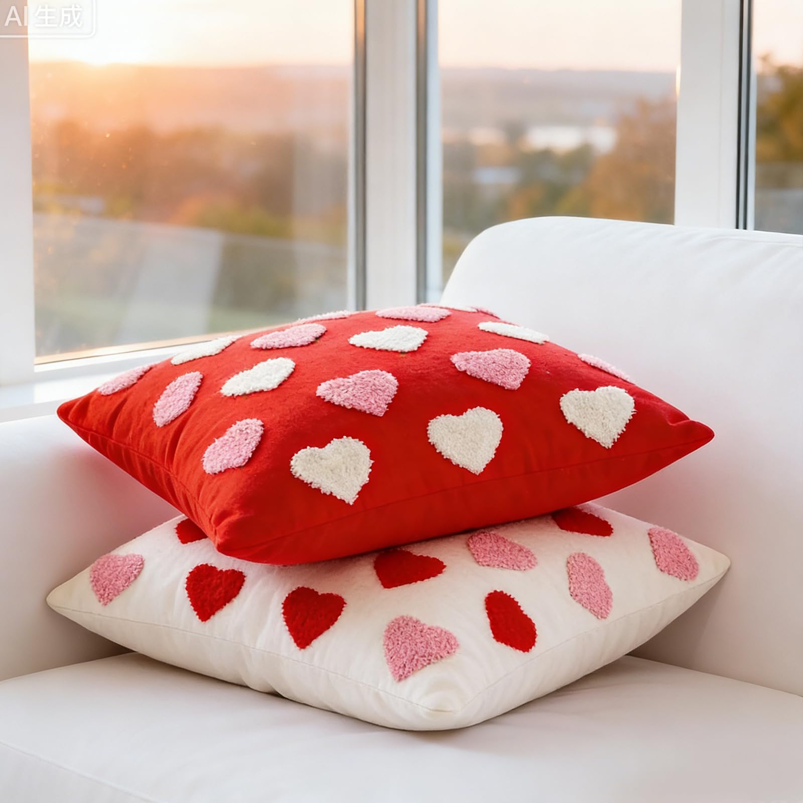 Valentine‘s Day Throw Pillow Covers Set of 2, 18x18 Inch (45x45cm) - White & Red Love Heart Embroidery Decorative Cushion Covers for Couch Sofa Bedroom, Valentine’s Gift for Her, Couples, Anniversary