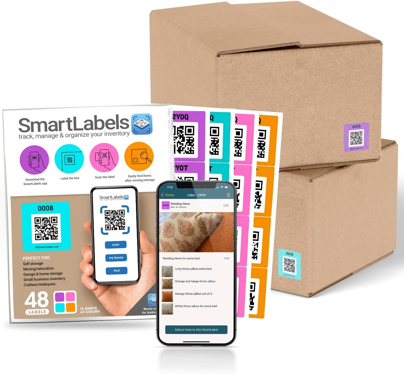 Smart Labels QR Code Stickers - Pack of 48 Modern Labels for Storage & Inventory Tracking | Made in USA