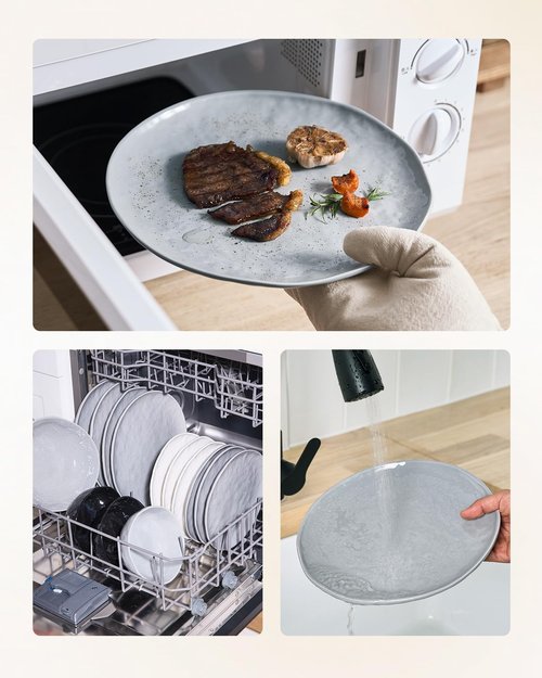 Famiware Porcelain kitchen plates and bowls set, Modern dishes set for 4, Handmade Wave Edge Dinnerware Sets, Microwave and Dishwasher Safe Tableware, Sleek Grey (16pc)