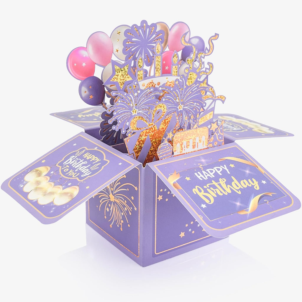 Surprise Pop Up Birthday Cards - Unique 3D Handmade Greeting Card for Adults & Kids | Purple Design