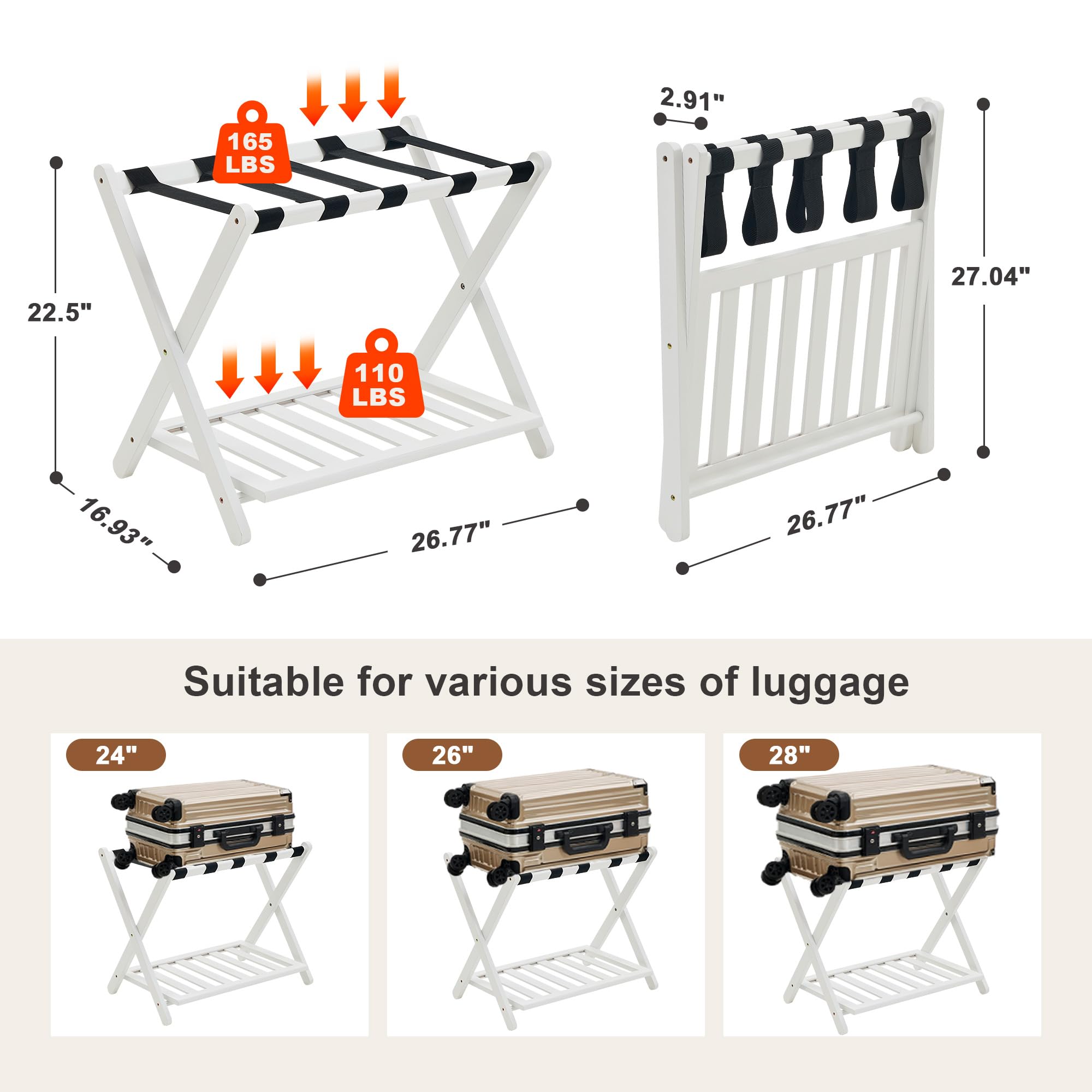 oakvivo Fully Assembled Luggage Racks Pack of 2, Upgraded Bamboo Foldable Suitcase Stand with 5 Nylon Straps, 26.77" Thickened Luggage Stand Holder with Shelf for Guest Room Bedroom Hotel, White
