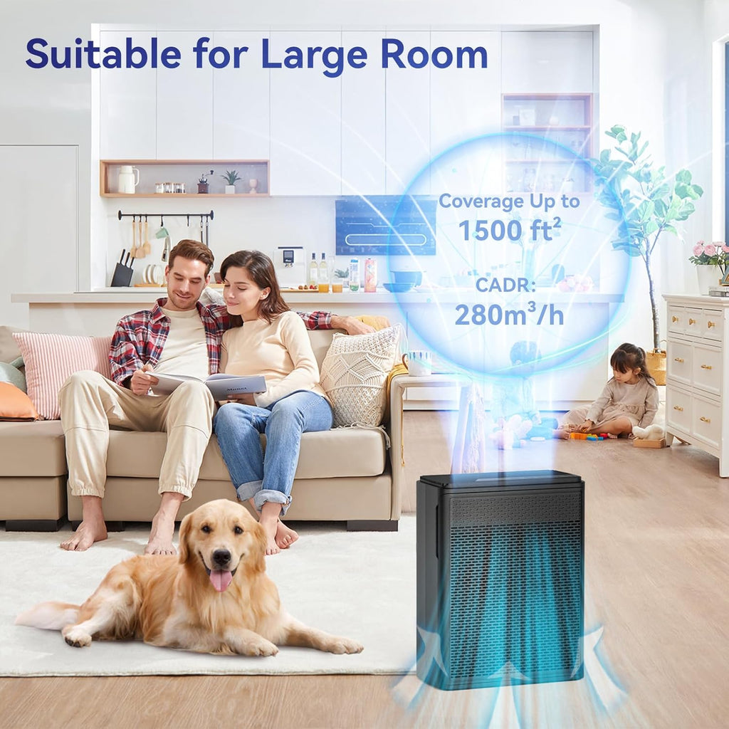 YARIKI Air Purifier - H13 HEPA Filter for Home & Pets - Covers 1500 Sq Ft, Quiet 22 dB | Black