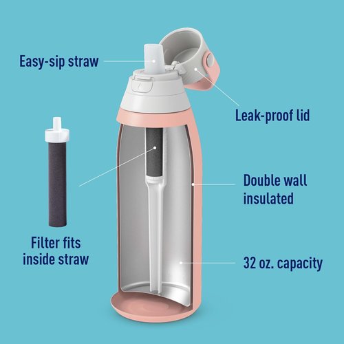 Brita Stainless Steel Water Bottle - BPA-Free, Insulated, Reusable, 32 oz, Rose - Lasts 2 Months