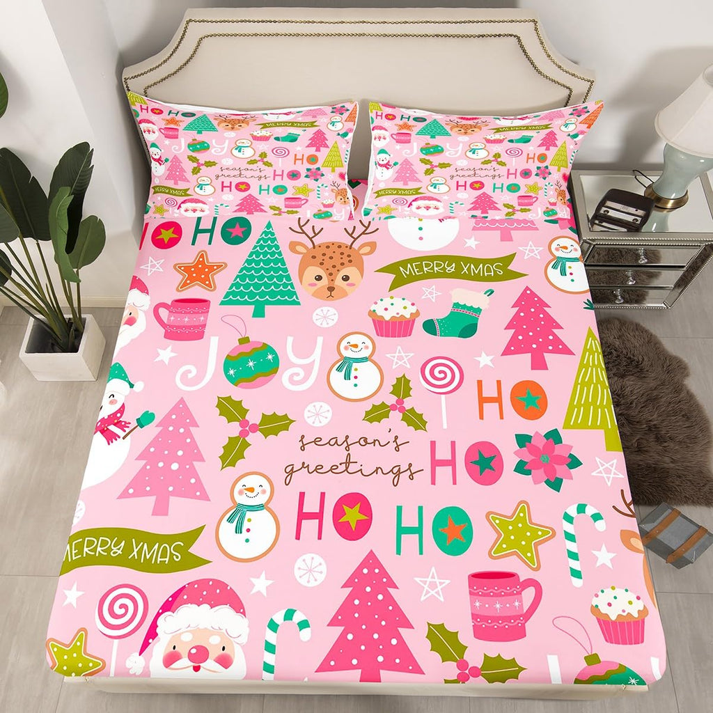 Erosebridal Pink Christmas Fitted Sheet Full, Cartoon Santa Claus Bedding Set for Kids Boys Girls Women Bedroom, Snowman Pine Bed Sheets Christmas Tree Deer Bedding Decor Set Xmas Decor,2 Pillowcases