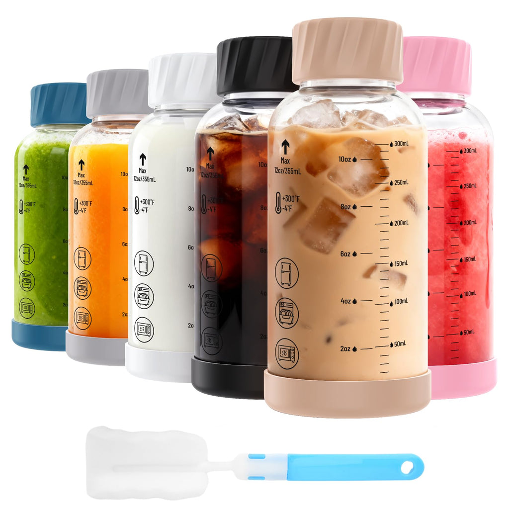Luxfuel Glass Juice Bottles with Lids 12oz, 6 Pack – Borosilicate Glass Bottles for Juicing, Smoothies, Water & Beverage Storage, Stainless Steel Lids, Reusable, Leakproof, Heat-Resistant, BPA-Free