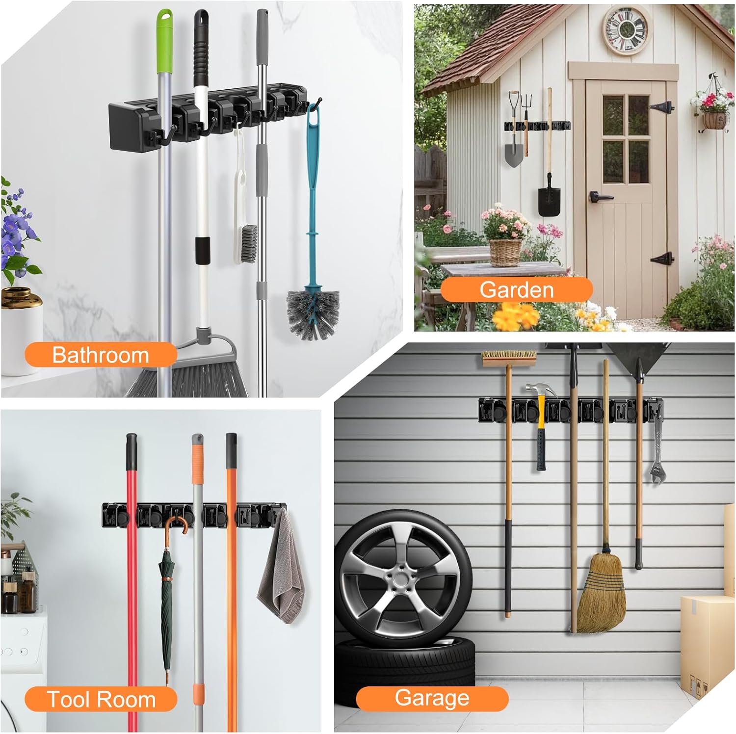 Nacena Broom Holder Wall Mount - 2 Pack Organizer with 5 Ball Slots & 6 Hooks | Black