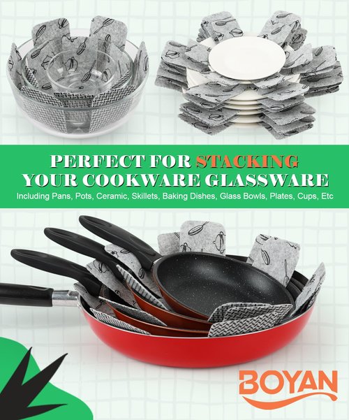 BOYAN Pot and Pan Protectors for Stacking, Set of 6 & 3 Sizes, Felt Pan Separators Dividers Pads for Space Saving, Pot Protectors for Stacking and Protecting Your Cookware