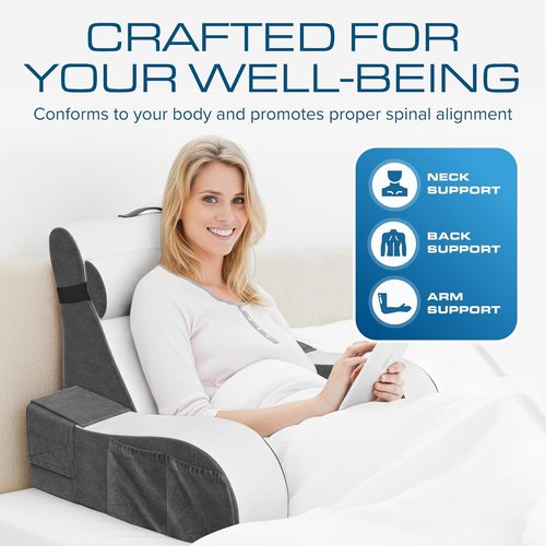 Kolbs Wedge Reading Pillow - Plush Backrest Cushion with Arms for Comfort | 19" Gray/White