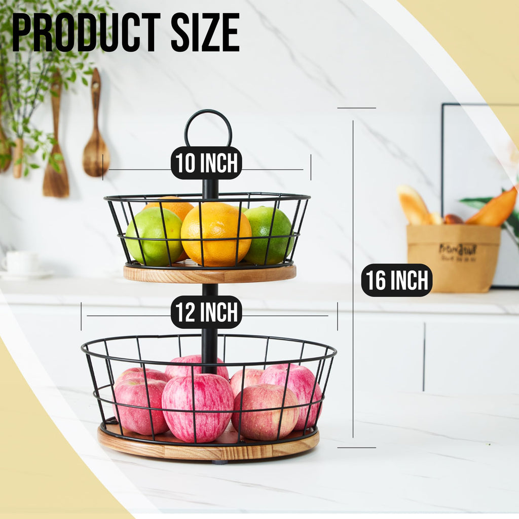 WILDMOS 2 Tier Fruit Bowl - Sturdy Iron Wire Fruit Basket with Real Wood Base, 12 Inch Large Fruit Basket for Kitchen Counter, Anti-Slip Silicone Pads, 2 Tier Fruit and Vegetable Storage Solution