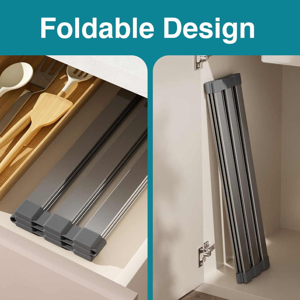 COOL-ANGLE Aluminum Roll Up Dish Drying Rack Over The Sink, 17.7" x 13.4" Rust-Proof Foldable Dish Drainer Mat, Heat Resistant Trivet & Kitchen Sink Cover, Fits Sinks up to 16.8" Wide, Matte Gray