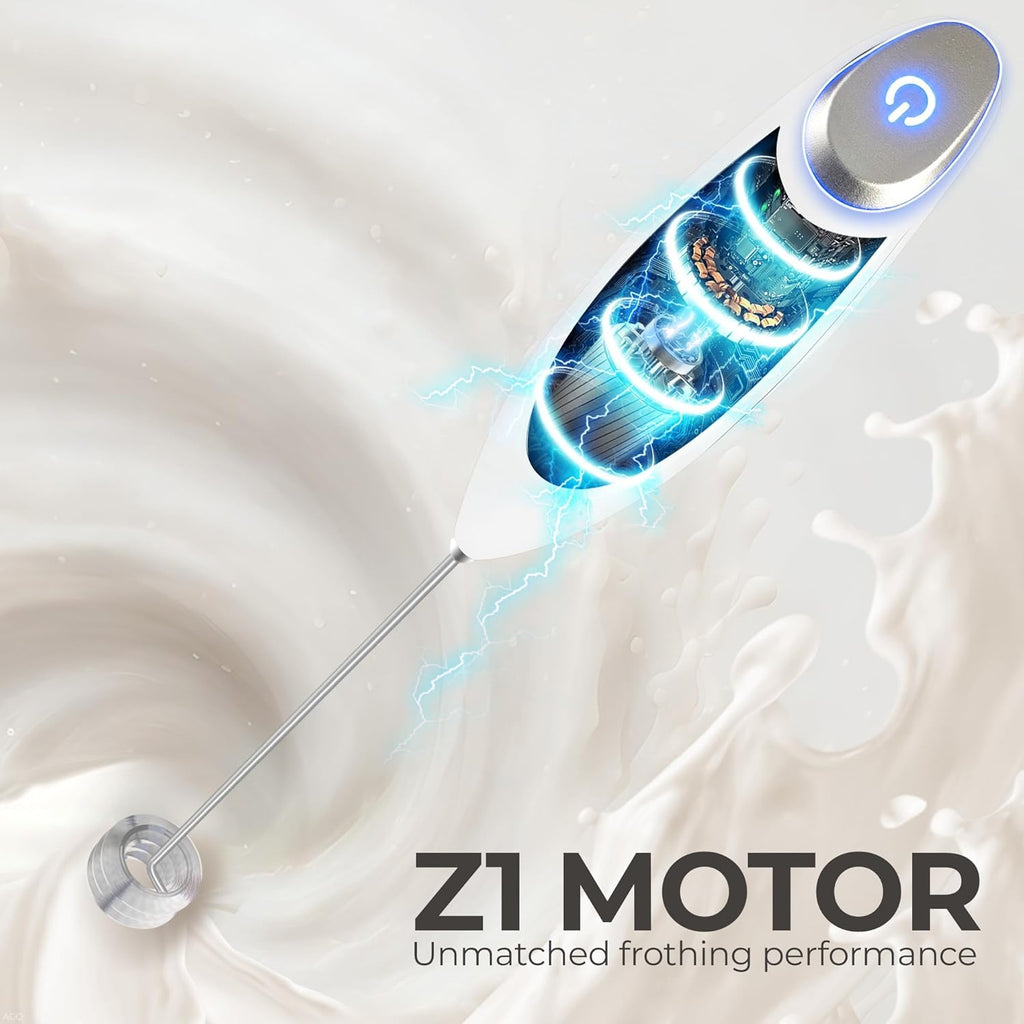 Zulay Kitchen Tornado Triple Whisk Milk Frother - Handheld Foam Maker for Coffee & Lattes - Blizzard White with 4 Duracell Batteries