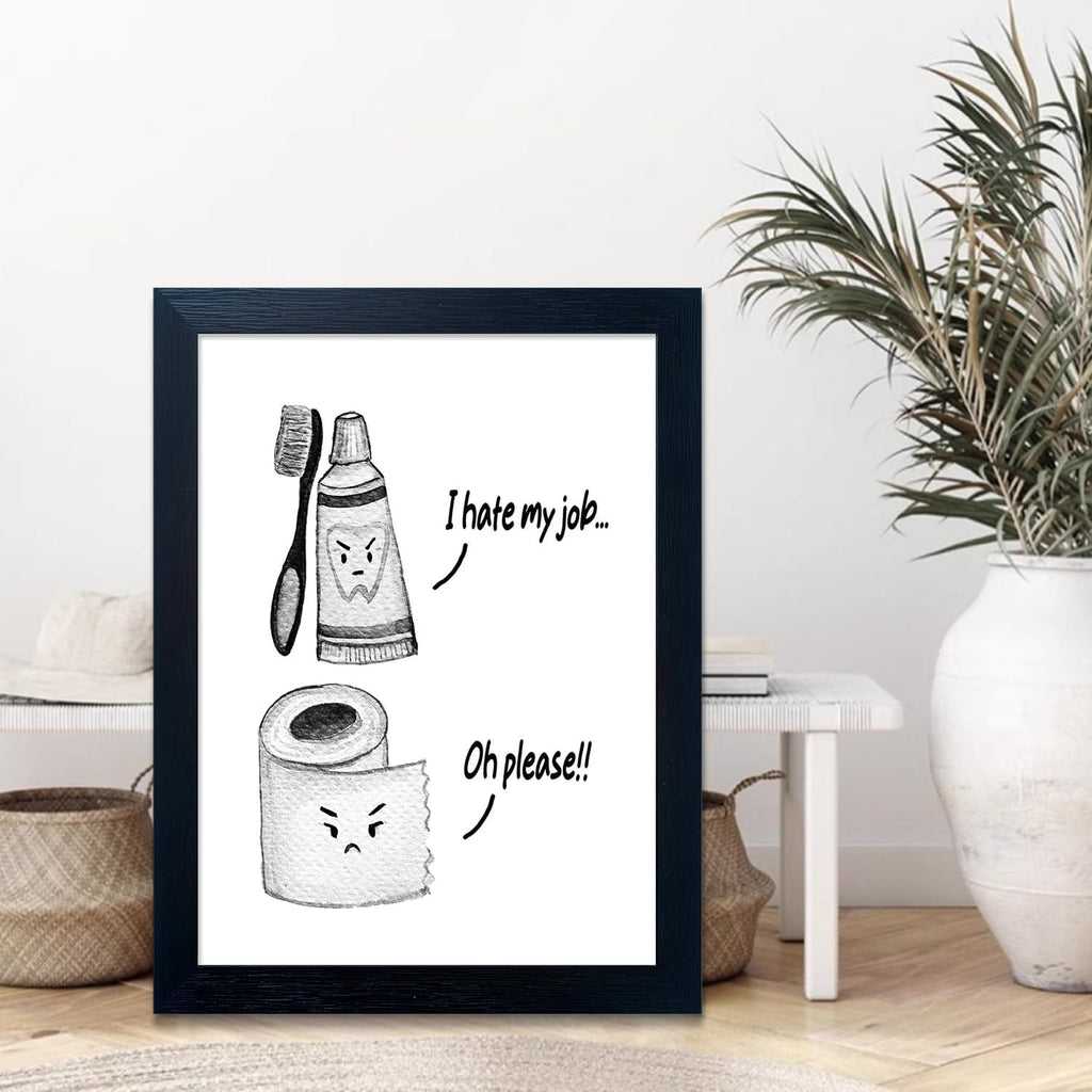 Regine Switzerland Kids Bathroom Decor - Funny Black and White Wall Art Print | Framed Toilet Paper & Toothbrush Design
