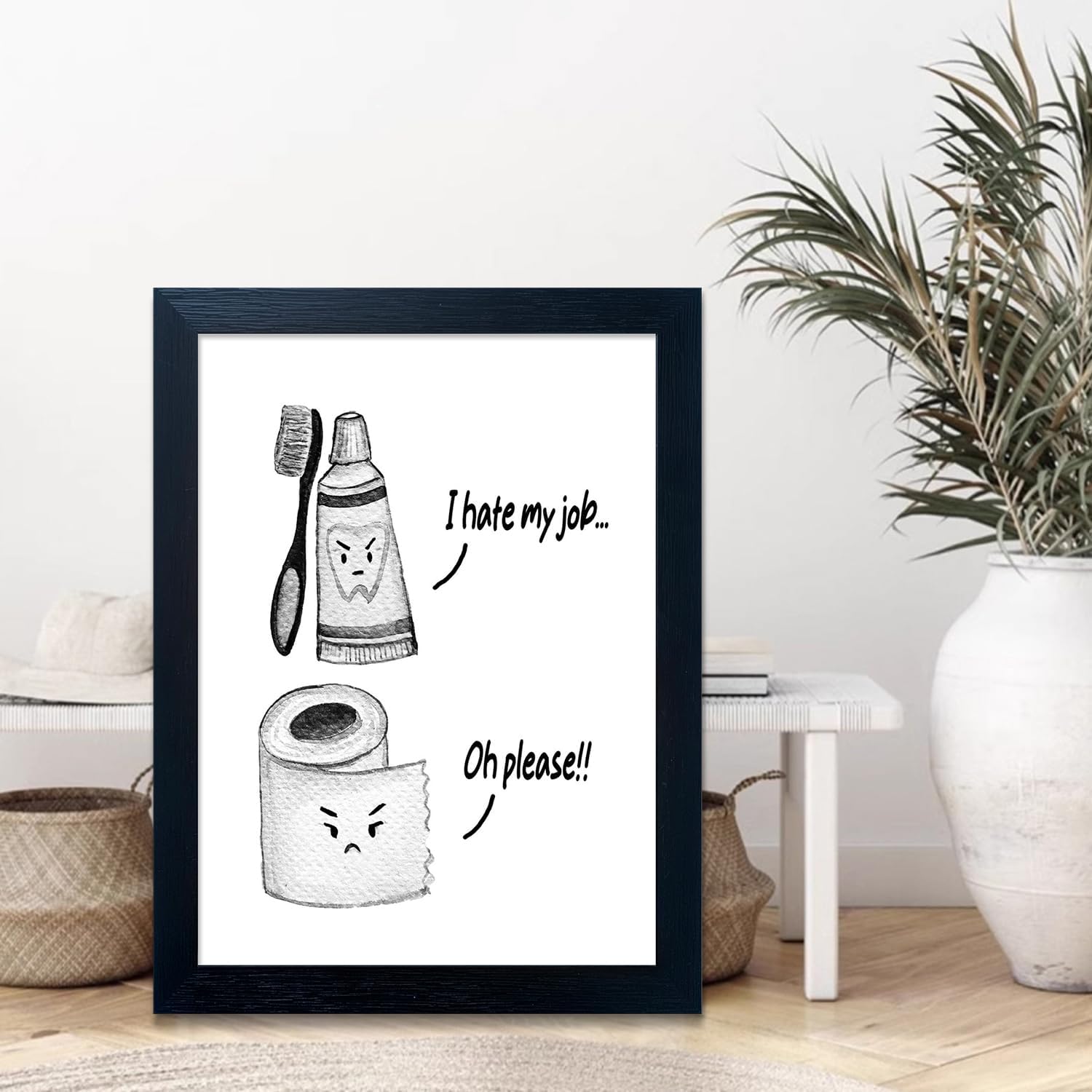 Regine Switzerland Kids Bathroom Decor - Funny Black and White Wall Art Print | Framed Toilet Paper & Toothbrush Design