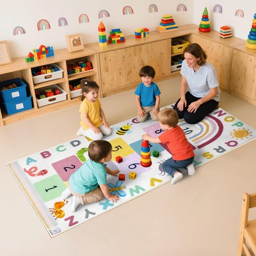 OVALLEY Kids Hopscotch Rug - Indoor, Game Mat with Numbers & Squares for Learning & Activity - Floor Runner, Number Games - Hop Scotch Rugs for Kid & Adult - Rainbow Alphabet mat for Small Classroom