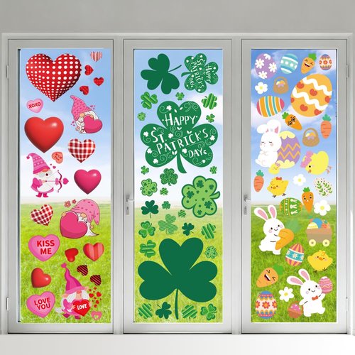 Valentines Day Window Clings for Valentines Decorations, Reusable Static Shamrock Window Clings for St Patricks Day Decorations, Easter Decor for Home, Bathroom and Office