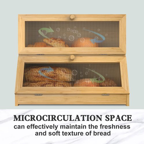 LOHASOK Bamboo Bread Box for Kitchen Countertop, Double Layer Large Bread Storage Container for Homemade Bread with Window & Lid, Bread Keeper Holder,Wood Color