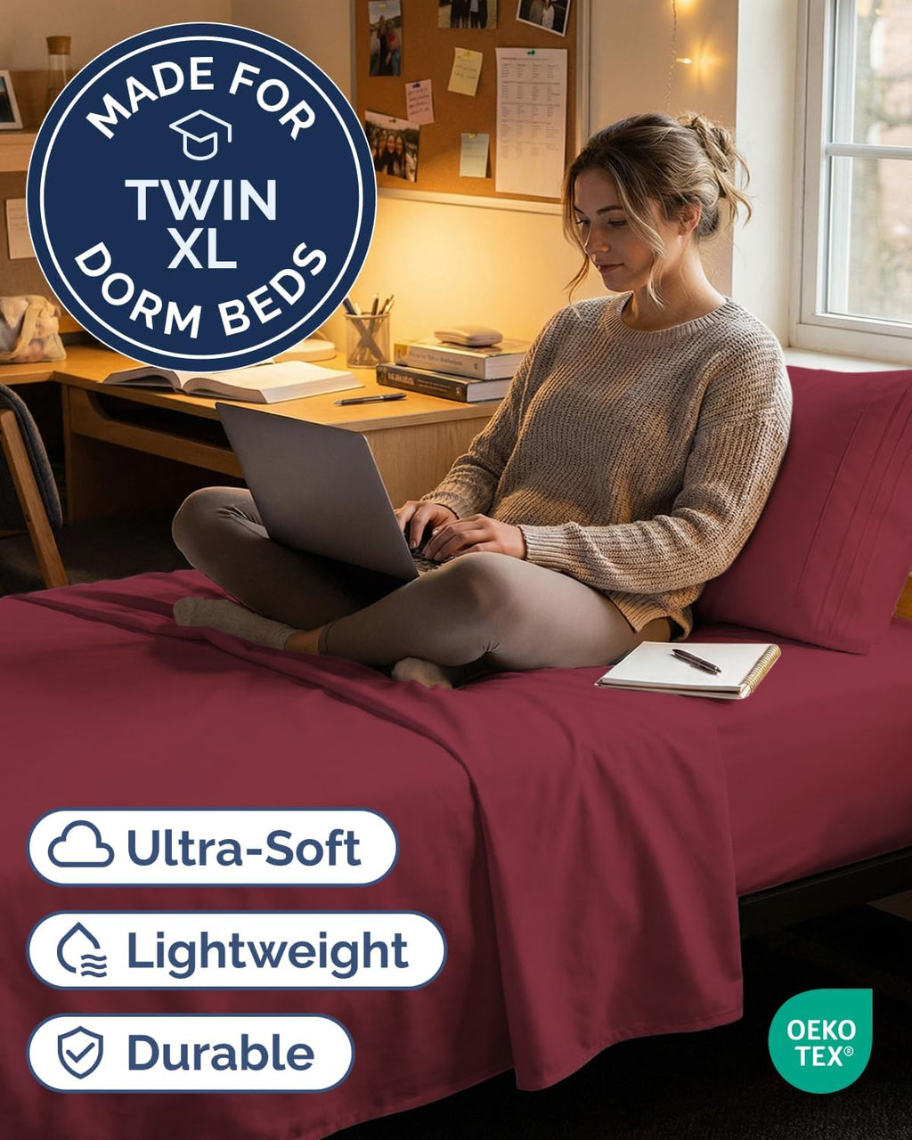 Skiennix Twin XL Sheet Set - Comfy Cooling 3-Piece Bedding - Soft, Wrinkle-Free, Deep Pockets - Burgundy