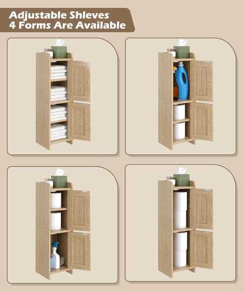 Akxomel Rattan Small Bathroom Cabinet - 2 Doors, Narrow Storage Solution for Small Spaces | Natural Oak Finish, 7.9''D x 7.9''W