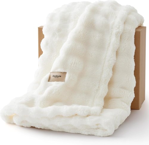 Bedsure 3D Fleece Bubble Blanket - GentleSoft White Spring Throw for Couch & Sofa Decor | Lightweight 50"×60" Cozy Gift