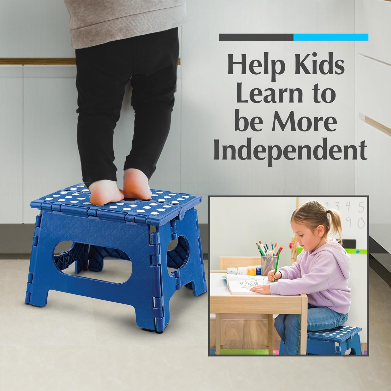 Skiennix Handy Laundry Folding Step Stool - Lightweight & Sturdy for Adults and Kids - Easy One-Flip Open - Ideal for Kitchen, Bathroom, or Bedroom (Blue)