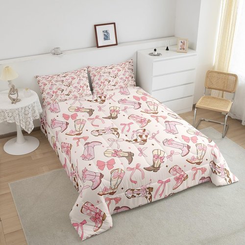 Feelyou Pink Bow Comforter Set Twin Size Kids Cute Bowknot Comforter for Boys Teens Girls Bow Bedding Set Breathable Western Boots Duvet Set Room Decor Bow Quilt Set