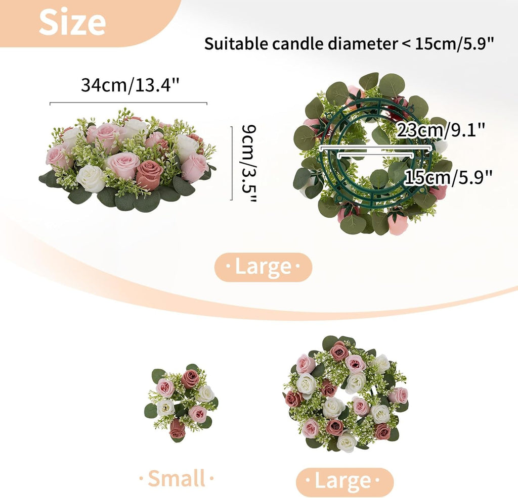 NUPTIO Candle Rings - 13.4 Inch Crimson & White Flower Rose Wreaths for Weddings & Christmas Decor | 2 Pcs