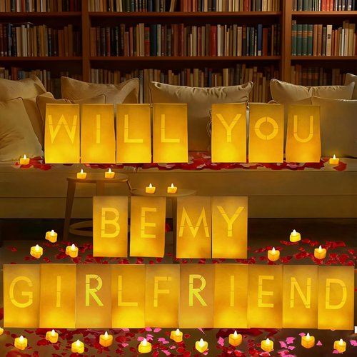 Will You Be My Girlfriend Decorations – Valentine’s Day Surprise Set with Light Up Letters, 30 Tea Light Candles, 2000 Rose Petals, 10 Balloons – Luminary Bags for Romantic Setup