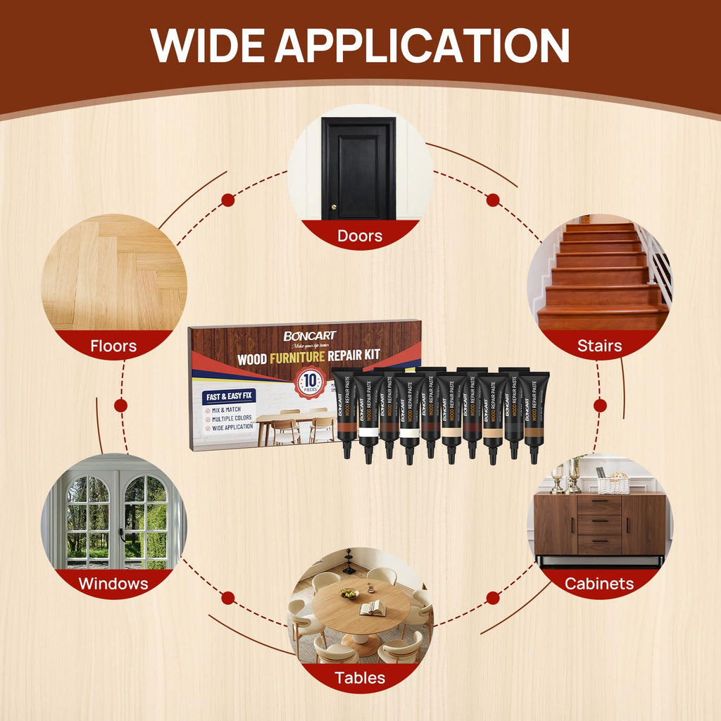 Boncart Wood Furniture Repair Kit, Wood Touch up Fillers, Repair Scratches, Cracks, Paint Chips, and Nail Holes on Furniture, Floors, Doors, Cabinets, and Tables (10 Colors)